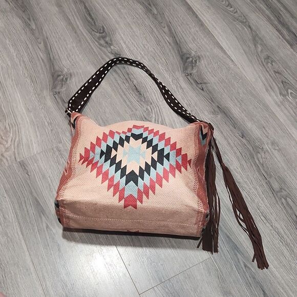 Southwestern Soft Burlap Fringe Stylish Tan & Brown Hobo Bag - Picture 6 of 11